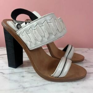 L.A.M.B Women’s Valiant Heeled Sandals Leather White Black‎ 7.5 5” Heel